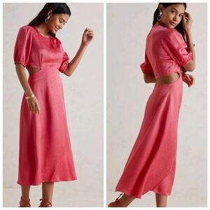By Anthropologie Women’s Satin Cut Out Pink Polka Dot Midi Dress Size Eight